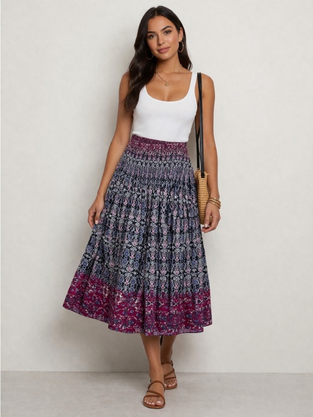 J. Jill Smocked Waist Flowy Midi Skirt Multicolor Small Petite Festival Boho